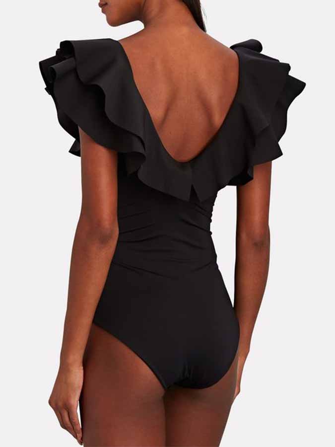 V-Neck Ruffled Solid Color One-Piece Swimsuit
