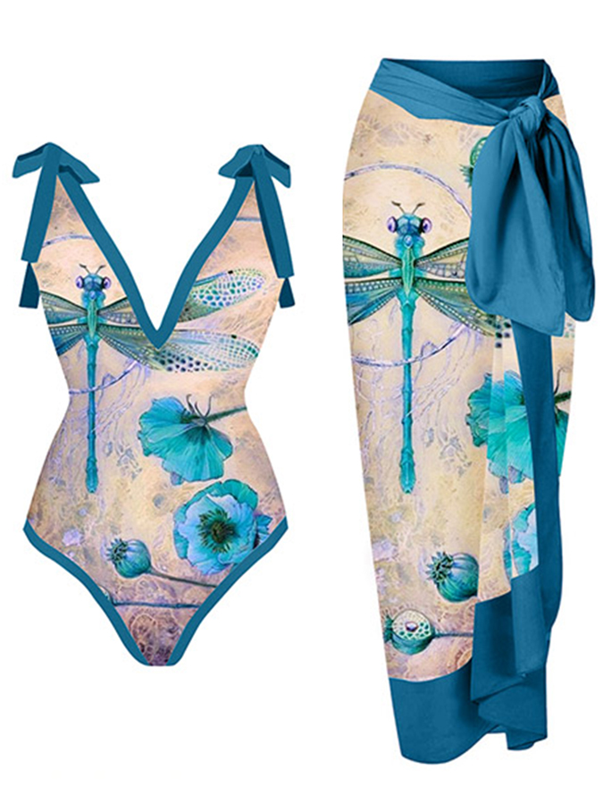 Fashion V-Neck Print One-Piece Swimsuit Set