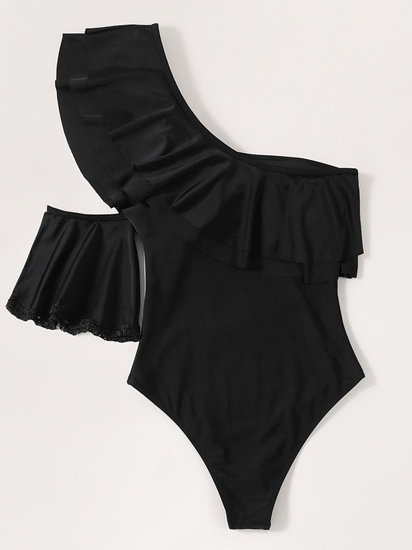One-Shoulder Falbala One-Piece Swimwear