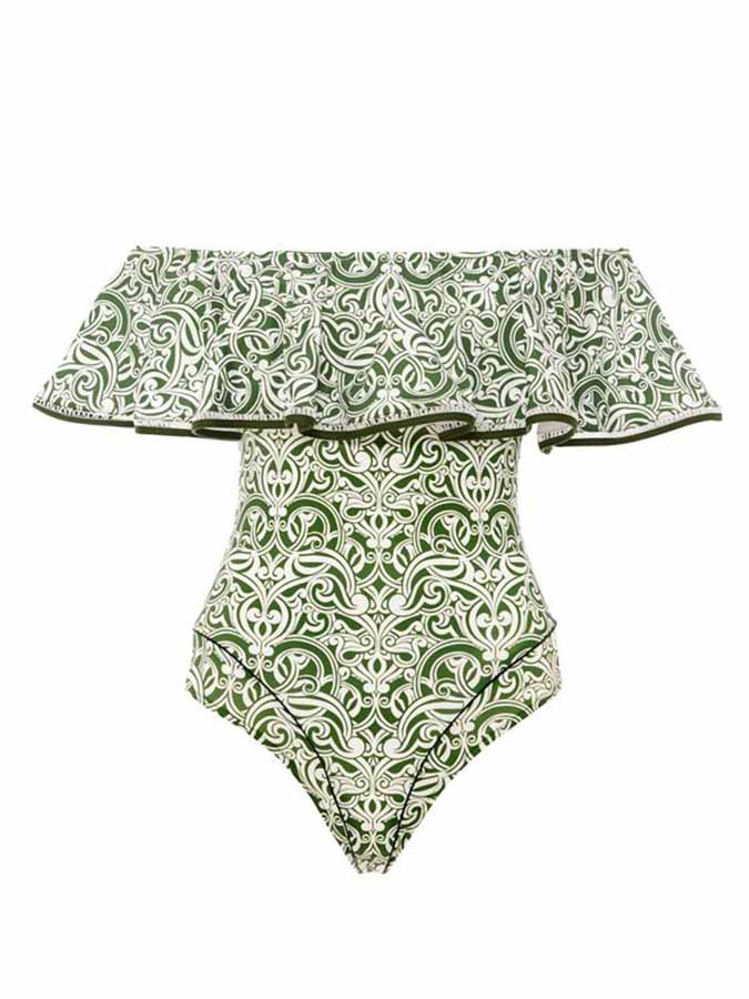 One-Shoulder Printed Ruffled Swimsuit