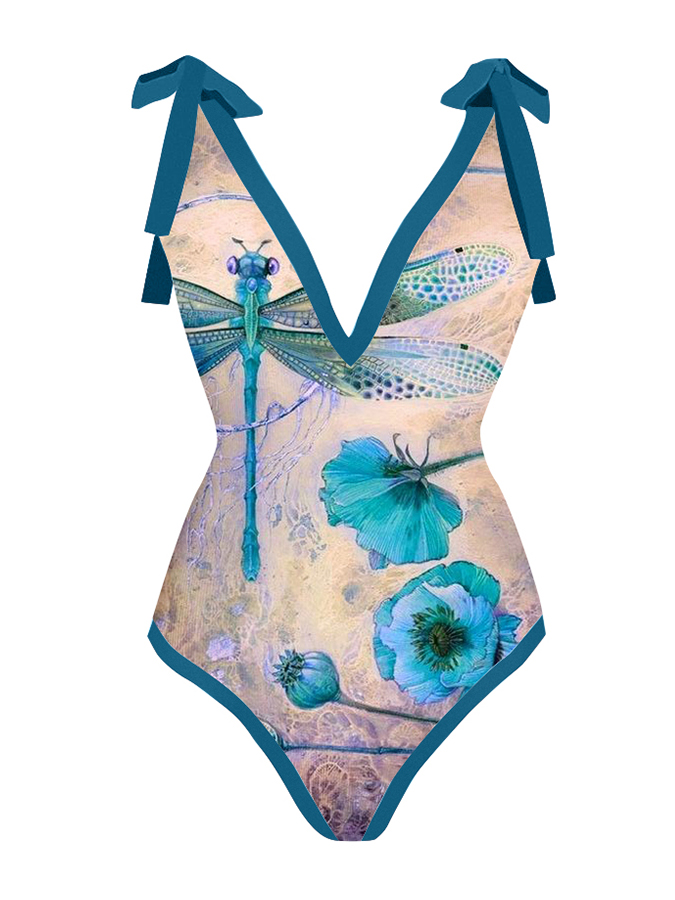 Fashion V-Neck Print One-Piece Swimsuit Set