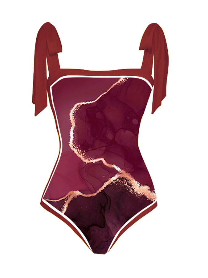 Line Print One Piece Swimsuit and Cover Up