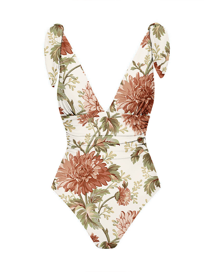 Bowknot Tie-shoulder Floral Print One Piece Swimsuit and Skirt