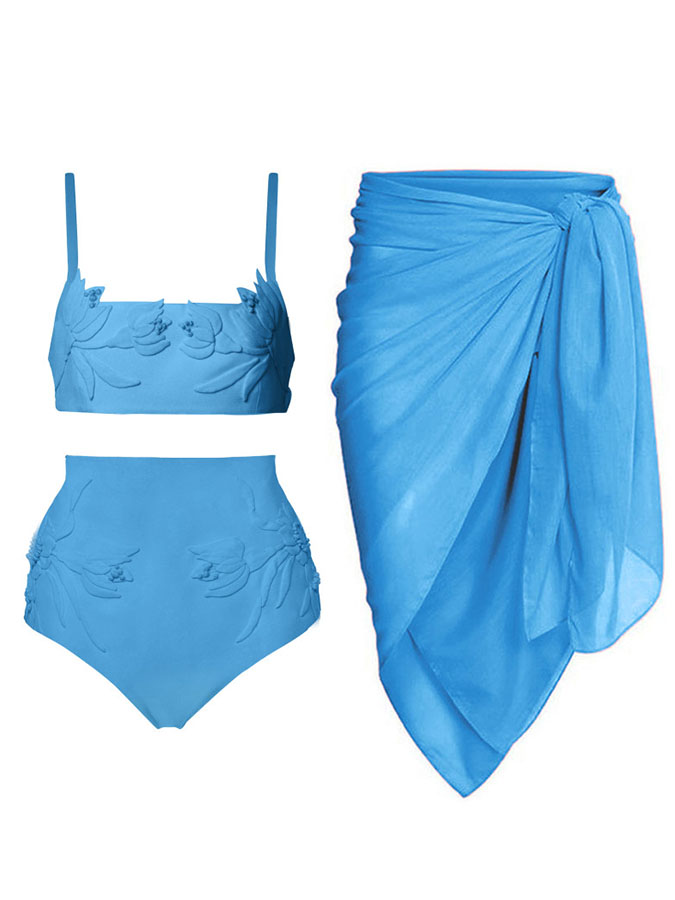 Solid Color Embossed Pattern Fashion Bikini Swimsuit