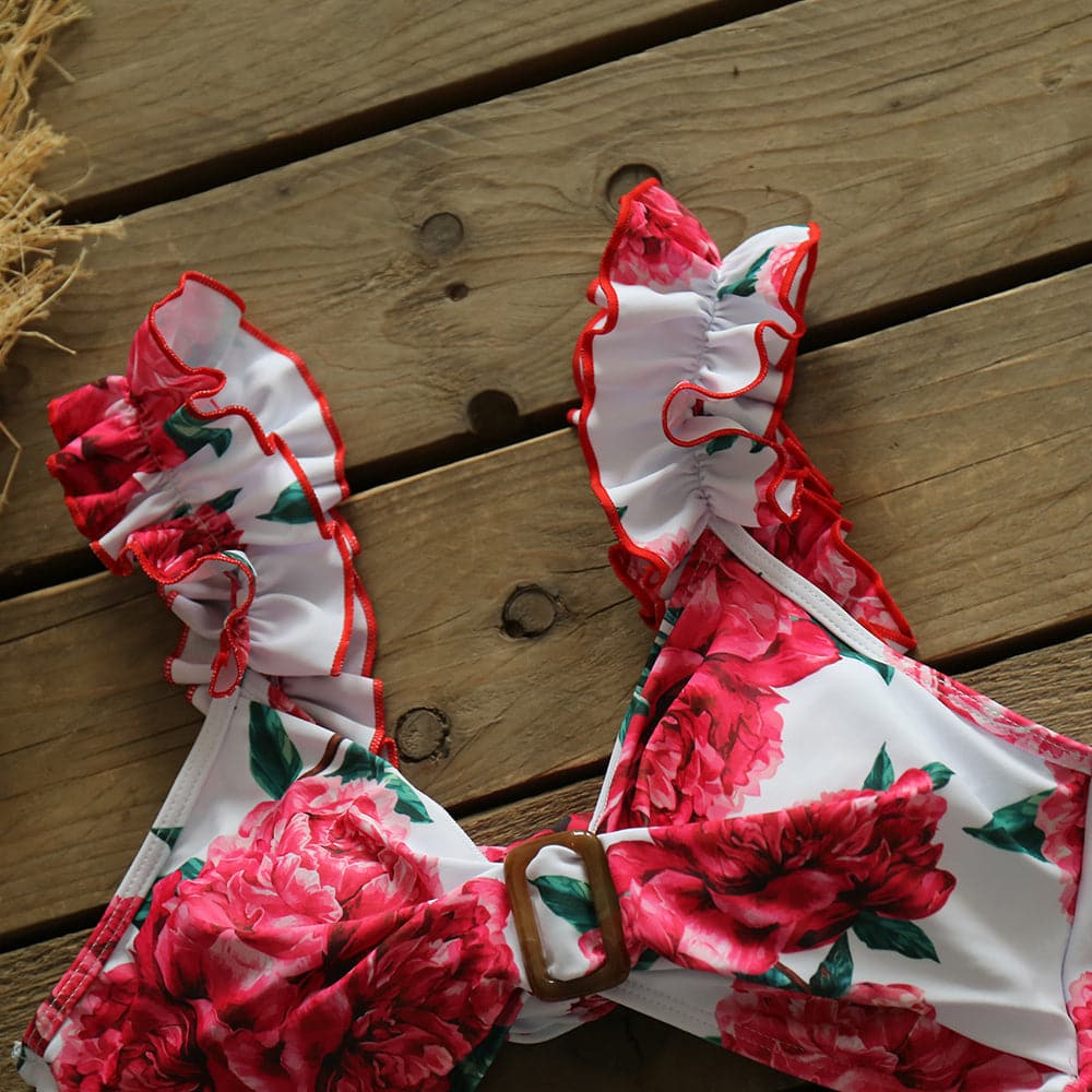High Waist Floral Sexy Ruffle Bikini Set