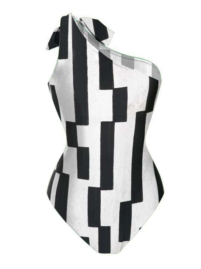Black & White Offset Stripes Print One Shoulder One Piece Swimsuit And Cover Up
