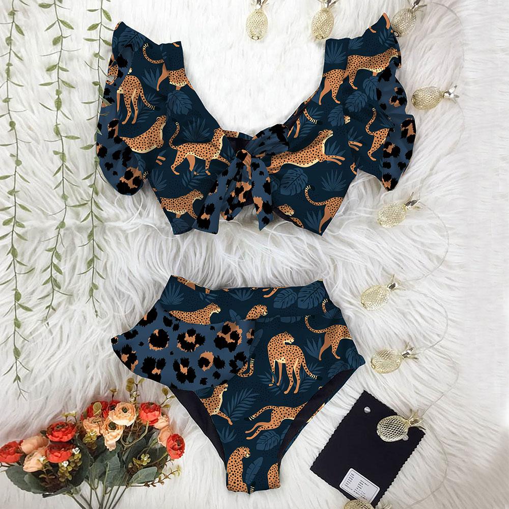 Ruffle Lace Up Jungle Bikini Swimsuit