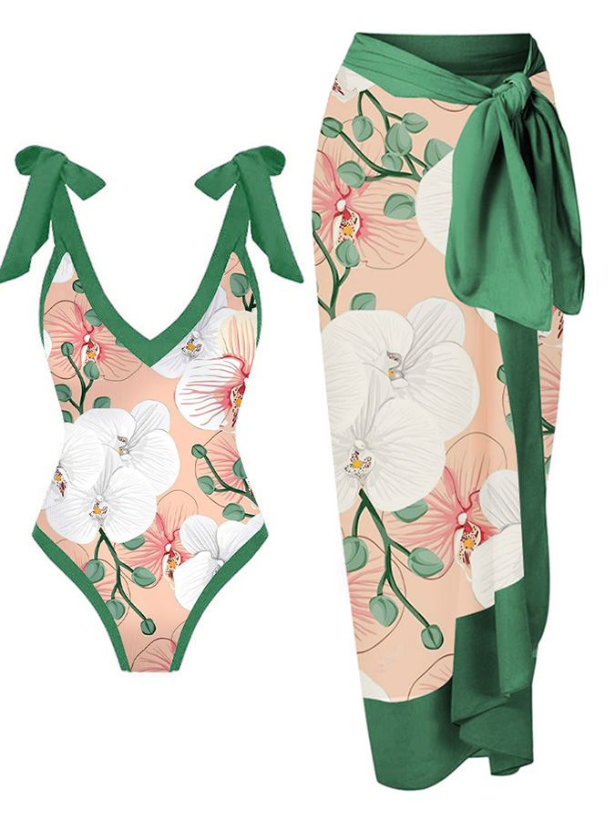 Print Lace-Up Panel One-Piece Swimsuit