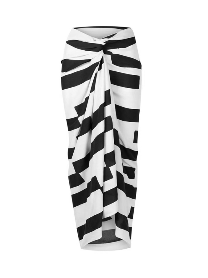 Black & White Offset Stripes Print One Shoulder One Piece Swimsuit And Cover Up