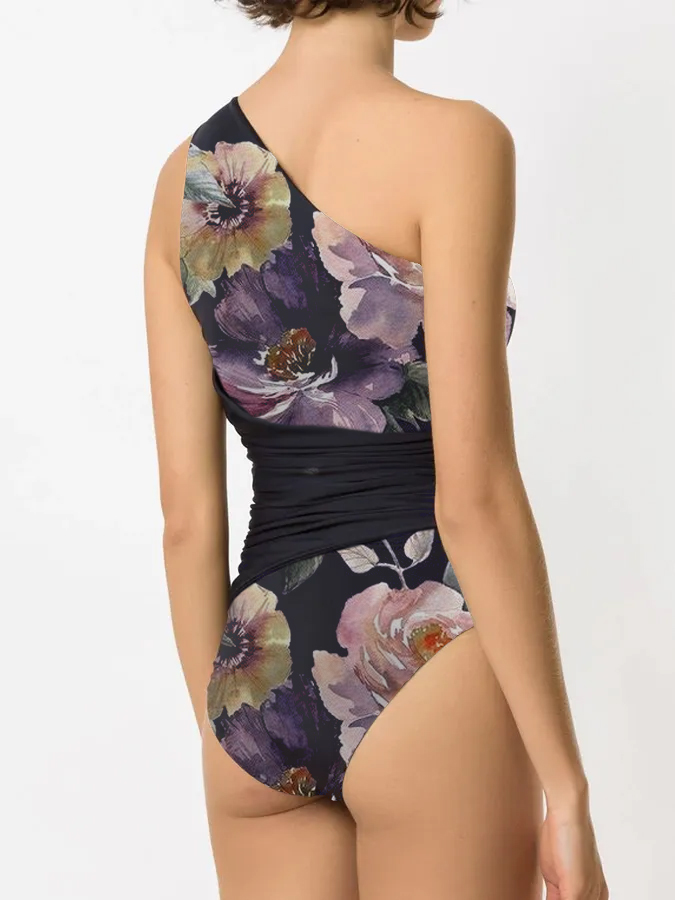 Vintage Rose Print One Shoulder One Piece Swimsuit And Cover up