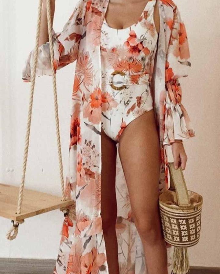 Ring Belt Printed One Piece Swimsuit and Flared Sleeve Chiffon Cover Up