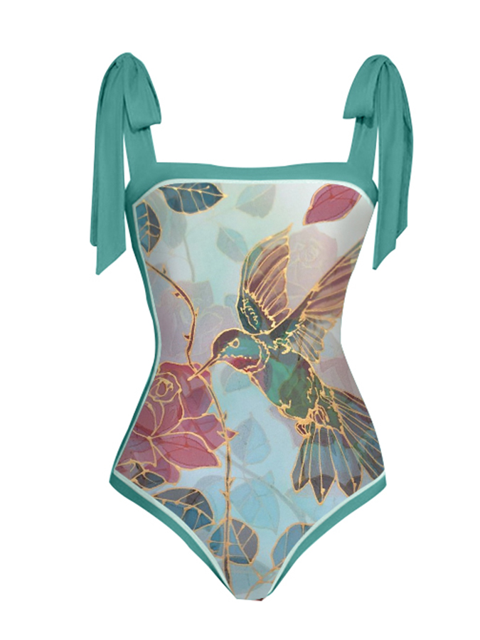 Vintage Bird Flower Print One-Piece Swimsuit