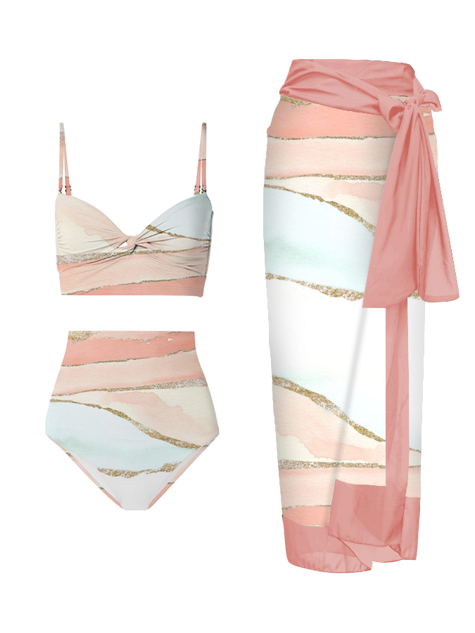 Color Block Print One Piece Swimsuit And Cover Up