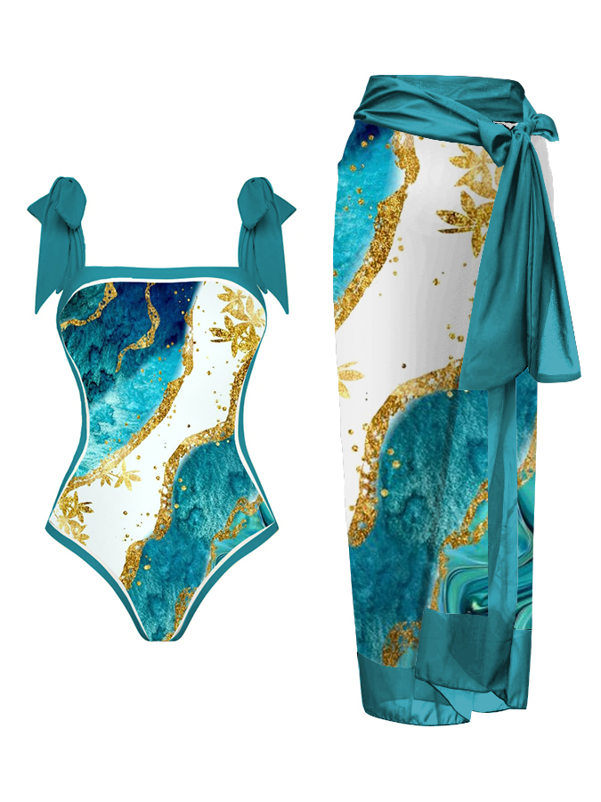 Texture Plant Pattern Print One Piece Swimsuit And Cover Up