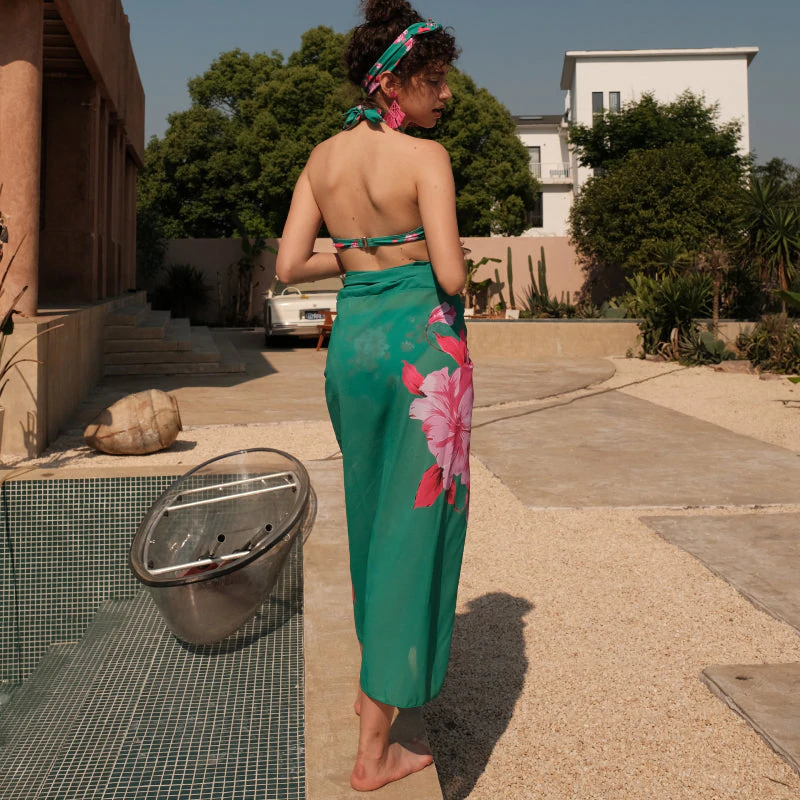 Floral Printed Halter Bikini Swimsuit and Sarong