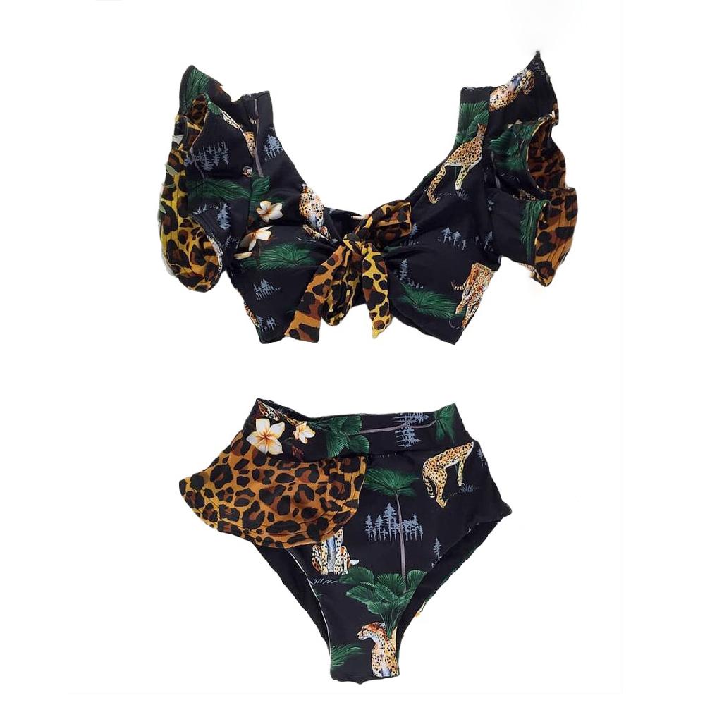 Ruffle Lace Up Jungle Bikini Swimsuit