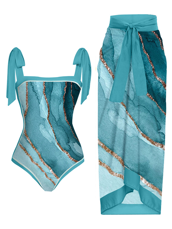 Vintage Fashion Colorblock Print One Piece Swimsuit Set