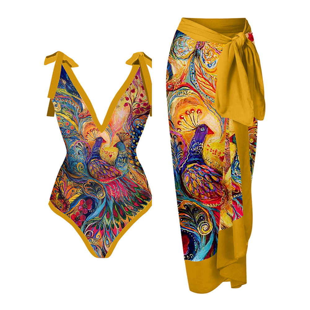 Deep V Vintage Abstract Print One-Piece Swimsuit Set