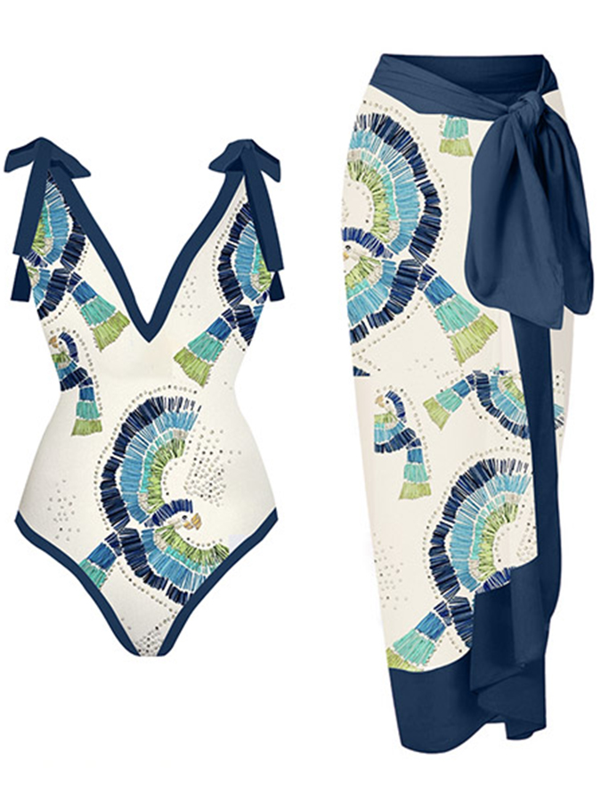 Deep V Print One Piece Swimsuit Set
