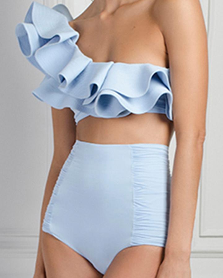 One-shoulder Ruffled Solid Bikini