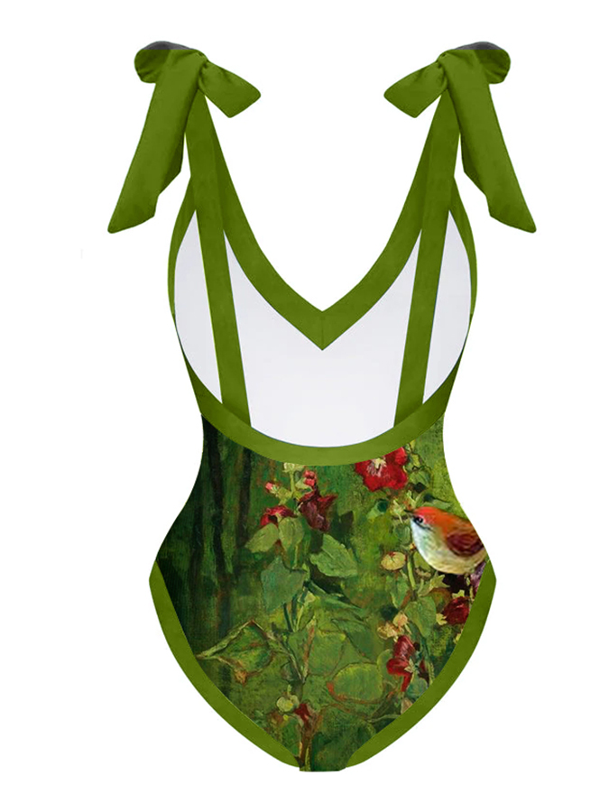 Fashion V-Neck Floral Oil Painting Print One Piece Swimsuit Set