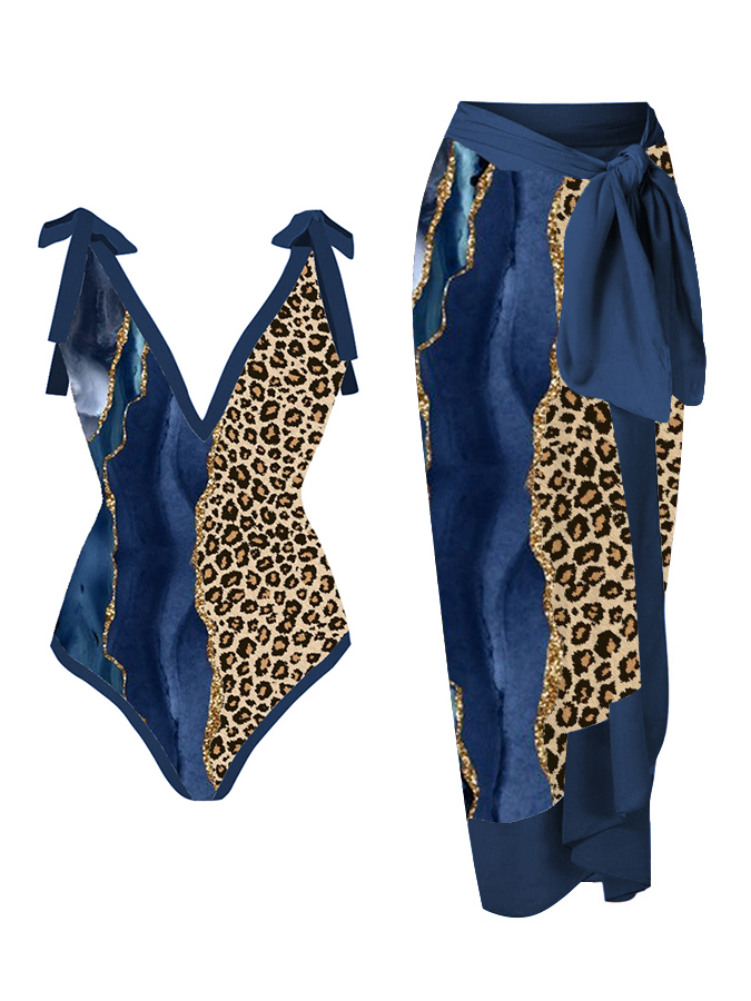 Marble Leopard Print Patchwork One Piece And Cover Up