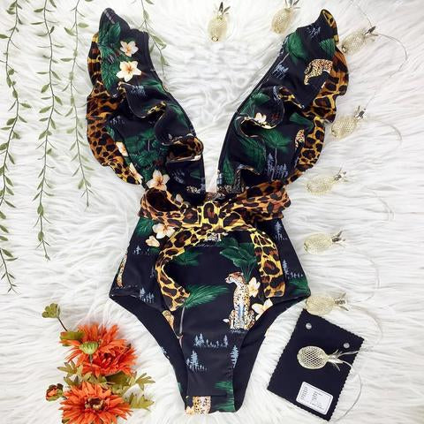Ruffle Lace Up Jungle Bikini Swimsuit