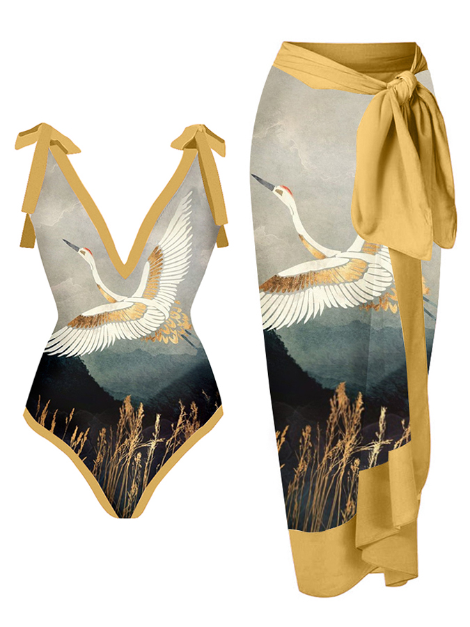 Vintage V-Neck Print One-Piece Swimsuit Set