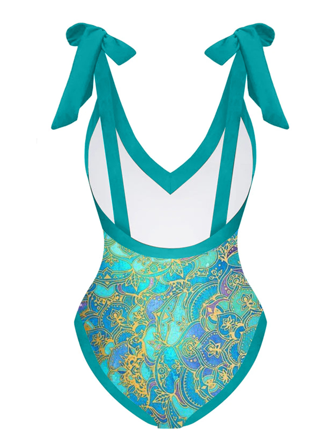 Printed One-Piece Vintage V-Neck Colorblock Swimsuit