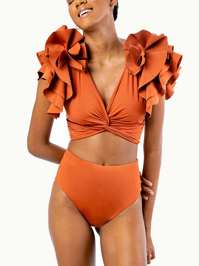 Solid Ruffle V-Neck Bikini