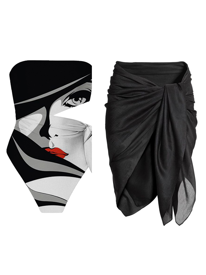 Fashion Abstract Colorblock Print One-Piece Swimsuit Set