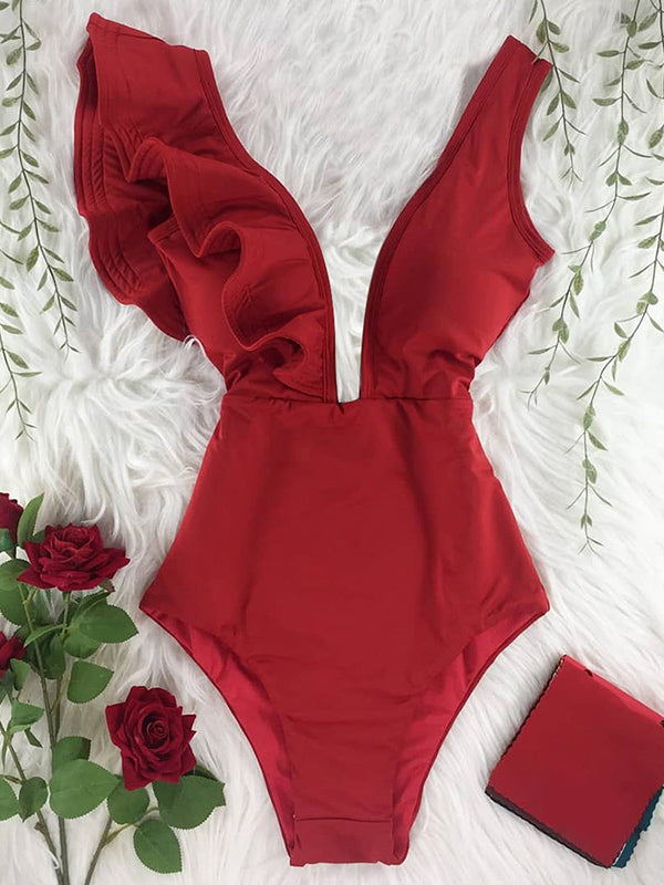 Floral Printed Falbala V-Neck  Swimsuit