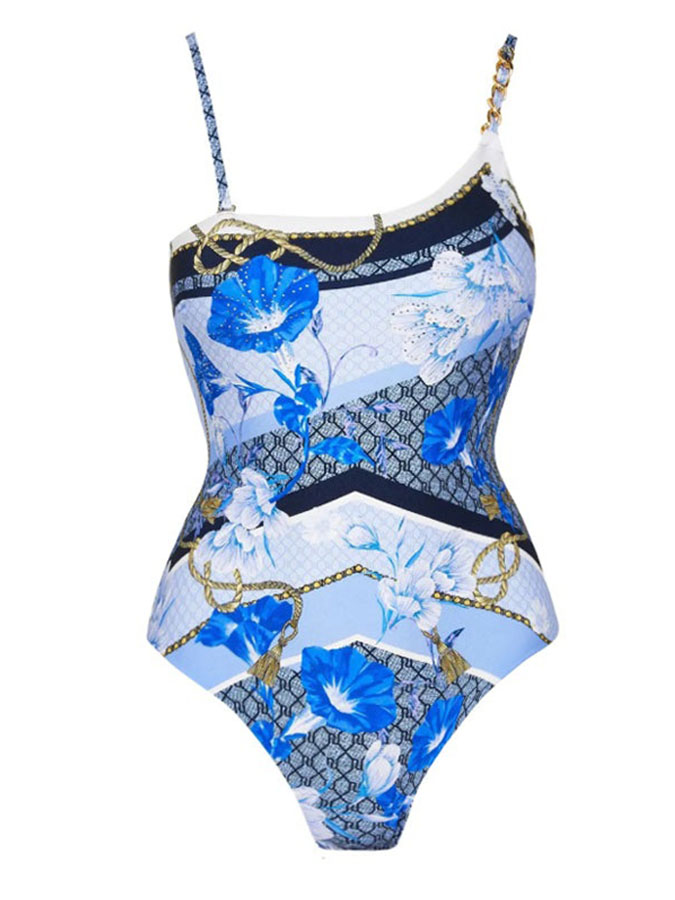 Fashion Colorblock Floral Print One-Piece Swimsuit Set