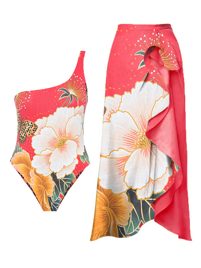 Floral Print One Piece Swimsuit and Skirt