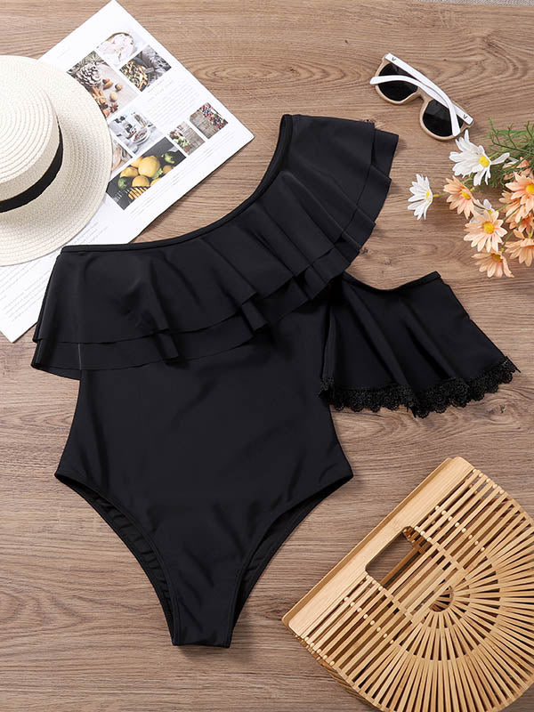 One-Shoulder Falbala One-Piece Swimwear