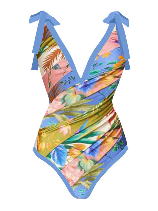 Deep V Vintage Print One Piece Swimsuit