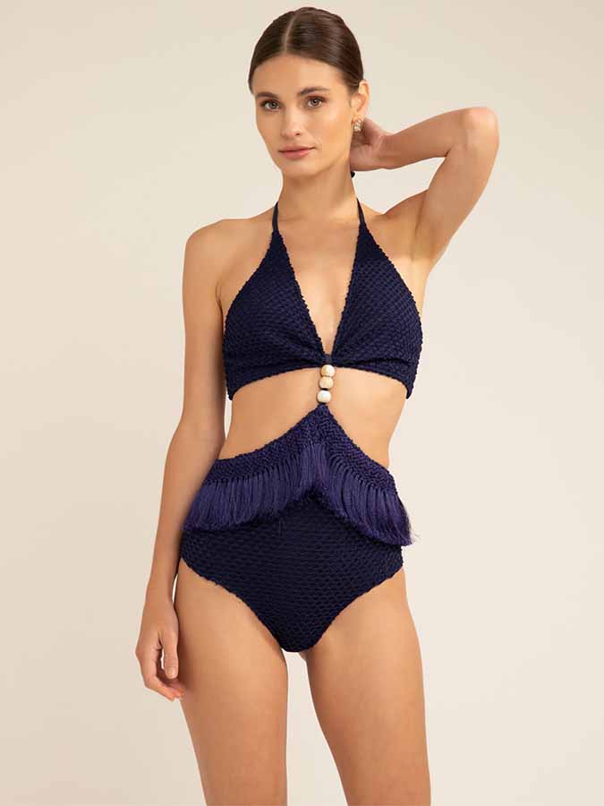  Solid Fringed One-piece Swimsuit