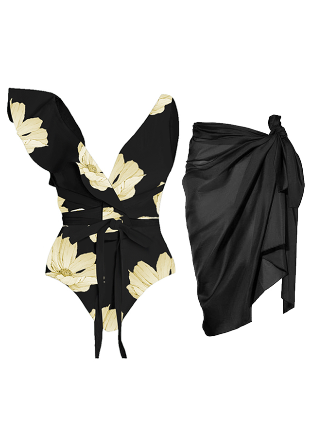 Flower Print Ruffle Lace Up One Piece Swimsuit And Cover up