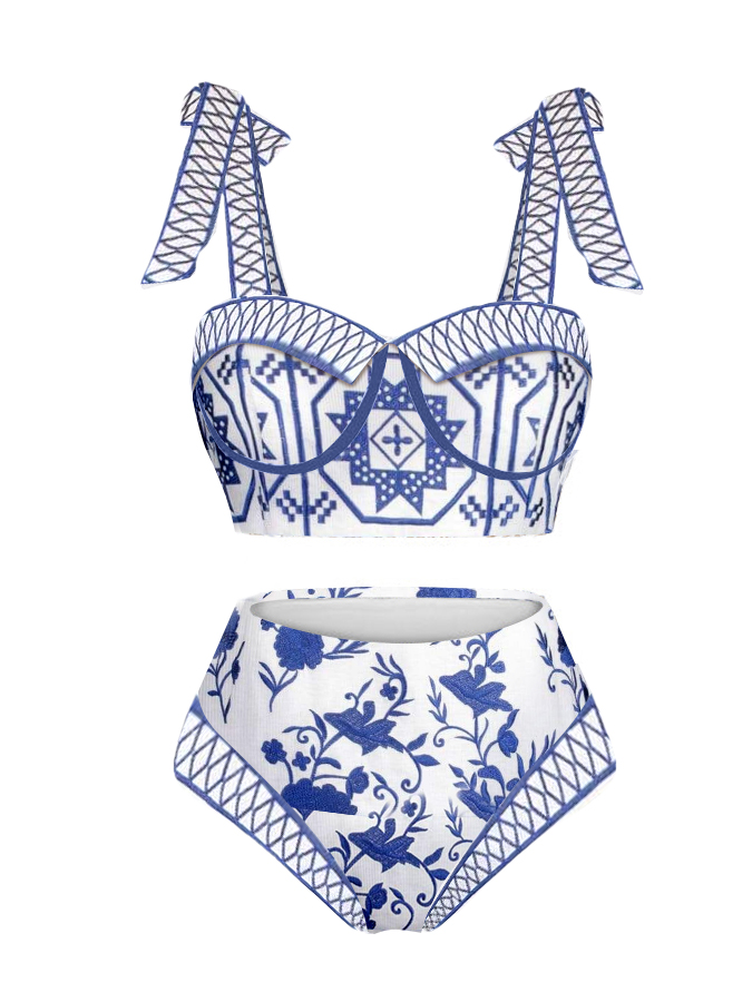 Vintage Colorblock Print Swimsuit and Cover-up