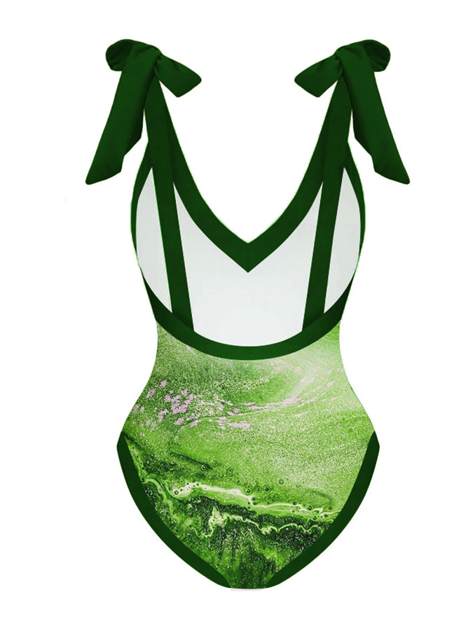 Vintage V-Neck Colorblock Print Beach One-Piece Swimsuit