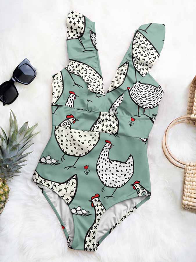 Deep V Neck Printed One Piece Swimsuit