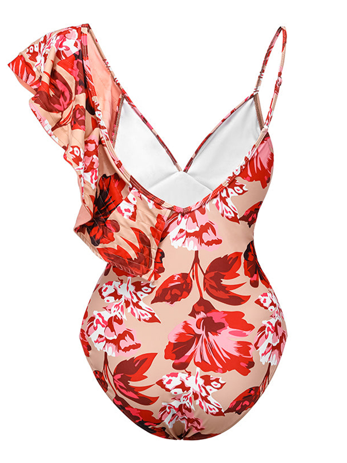 Fashion Print One-Shoulder Ruffle One-Piece Swimsuit