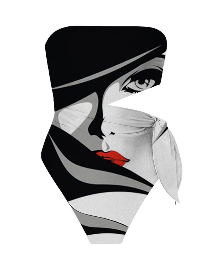 Fashion Abstract Colorblock Print One-Piece Swimsuit Set