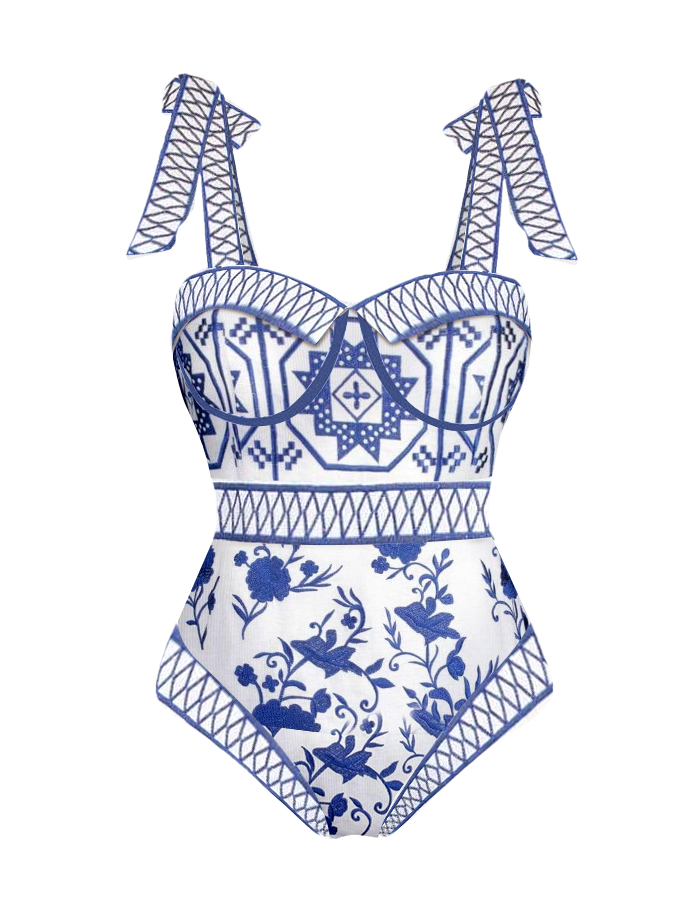 Vintage Colorblock Print Swimsuit and Cover-up