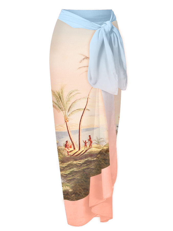 Vintage Gradient Print Puff Sleeve Bikini Set