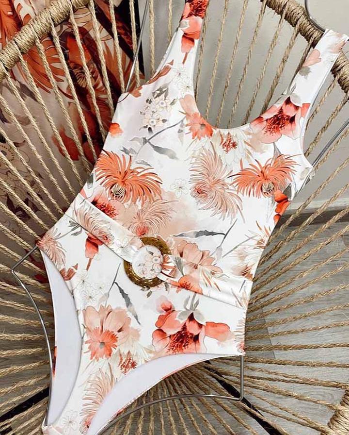 Ring Belt Printed One Piece Swimsuit and Flared Sleeve Chiffon Cover Up