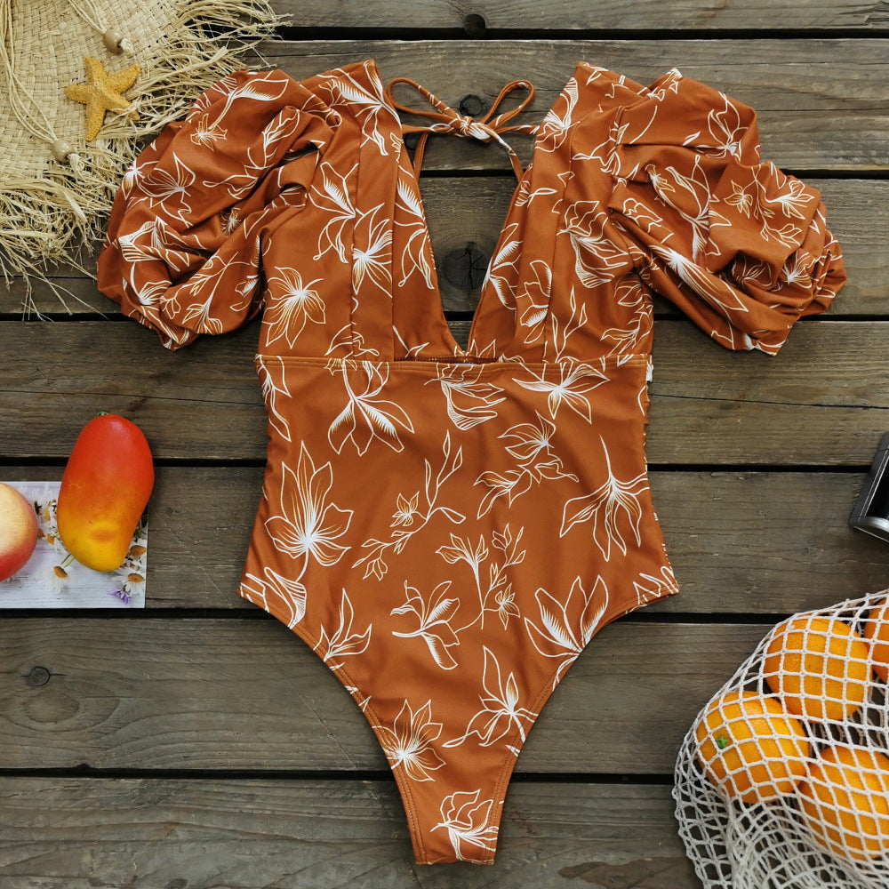 V Neck Puff Sleeve Backless One Piece Swimsuit