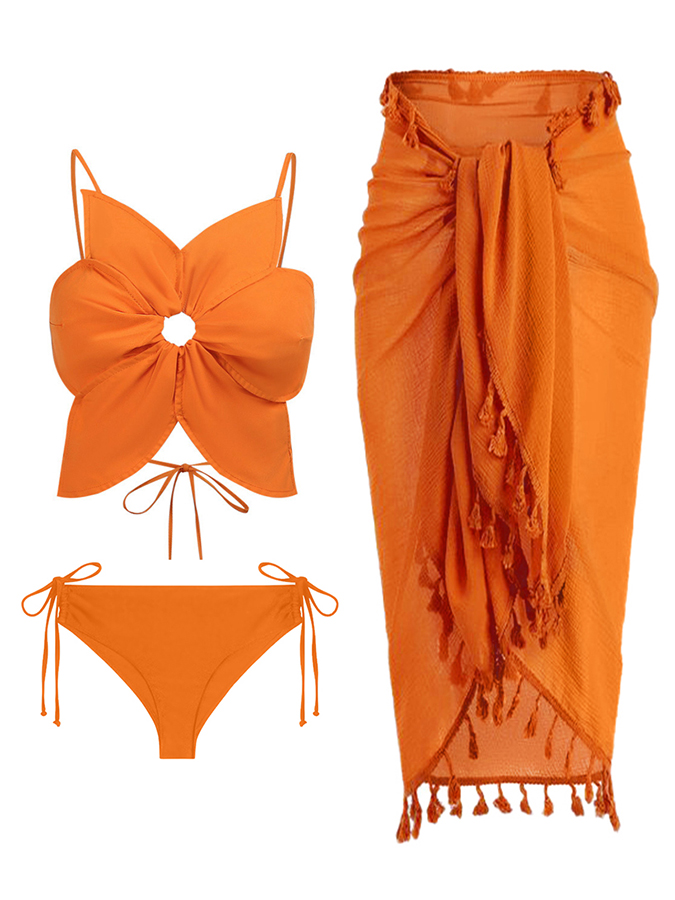 Fashion Retro Solid Beach Bikini Tassel Suit