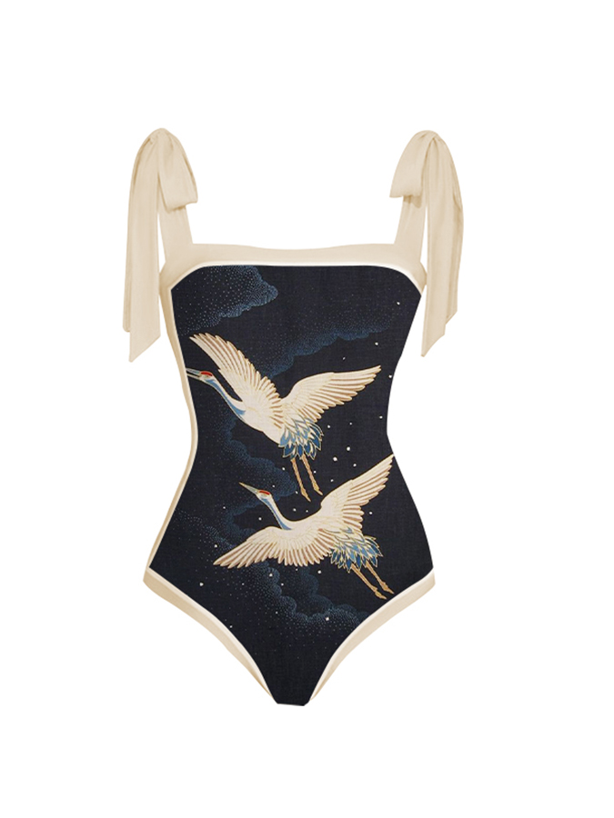 Printed Simple Lace-Up One-Piece Swimsuit