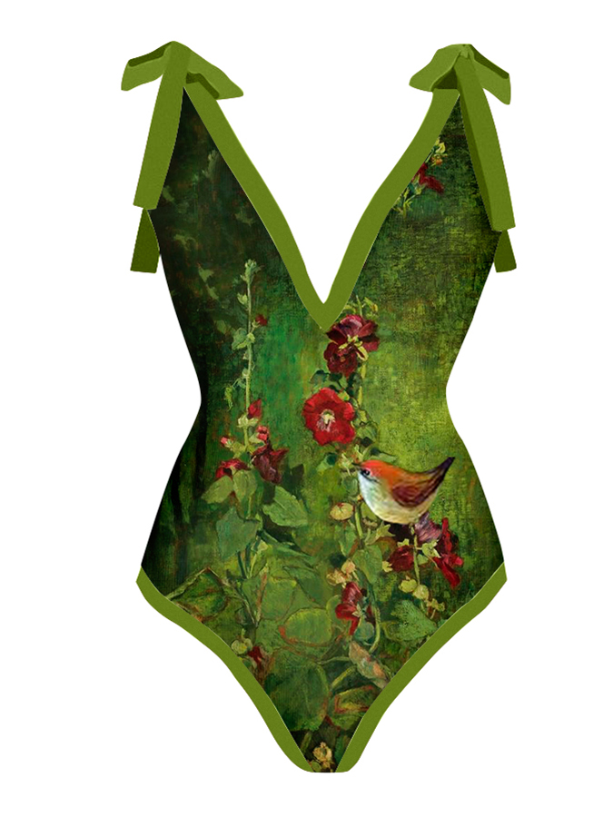 Fashion V-Neck Floral Oil Painting Print One Piece Swimsuit Set